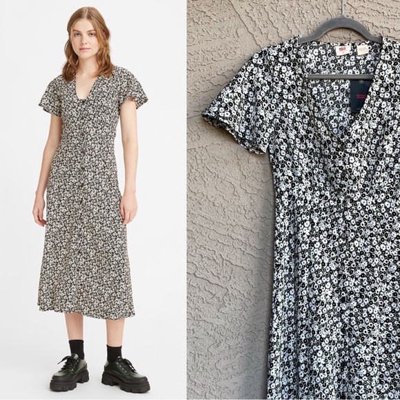 LEVI’S NWT Black White & Yellow Ditsy Floral Printed Button Down 90s Midi Dress - Picture 6 of 11